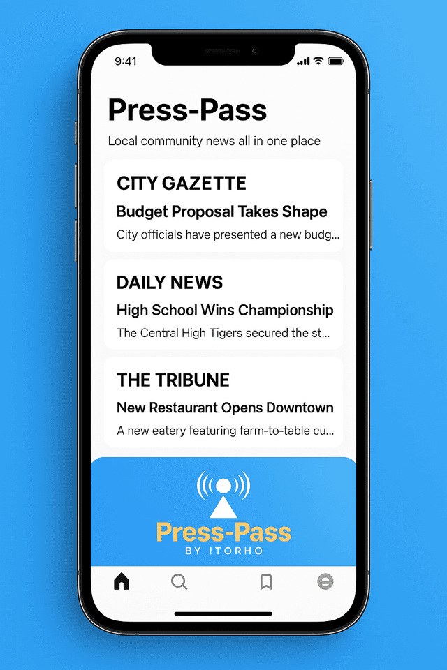 Press-Pass mobile app interface showing local community news